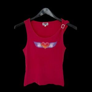 Y2K Fragile Red Winged Heart Rhinestone Tank Mcbling Buckle Strap Sleeveless L